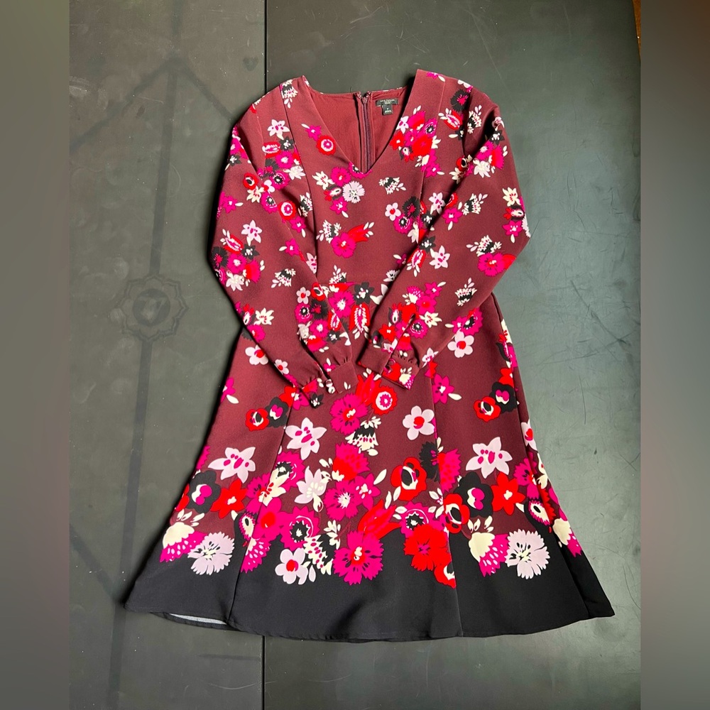 Ann Taylor Floral Fit-and-Flare Mini Dress in Burgundy with Pink & Red Accents